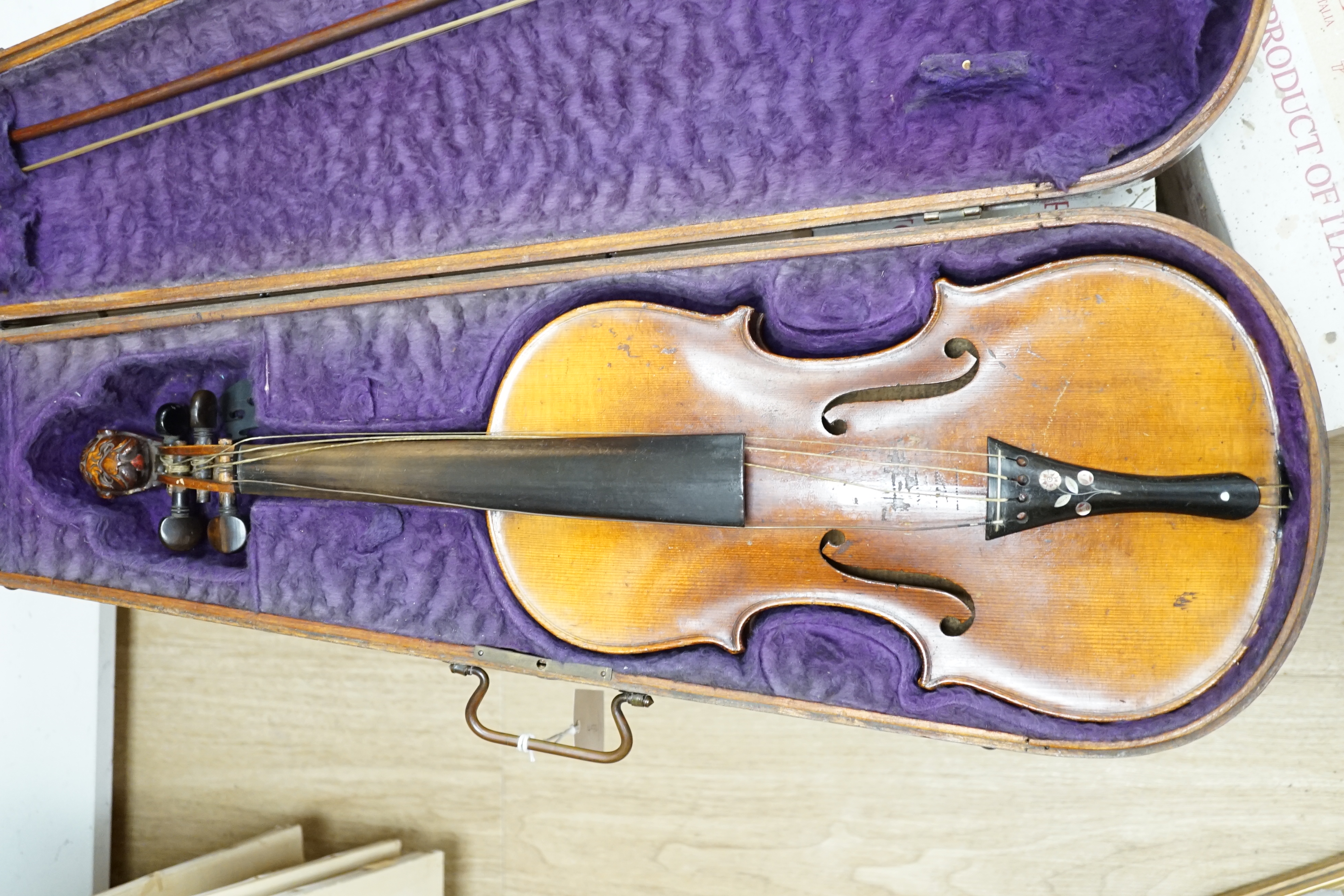 A 19th century violin (unlabelled), in mahogany Jerome case, with bow stamped Vuillaume